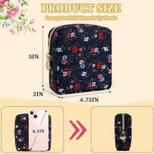 XSUIOY Floral Mini Makeup Bag Cosmetic Bags for Women and Girls, Coquette Aesthetic Makeup Organizer Bag Nylon Zipper Pouches, Travel Toiletry Bag Coin Pouch Sanitary Napkin Storage Bag(Black Floral)