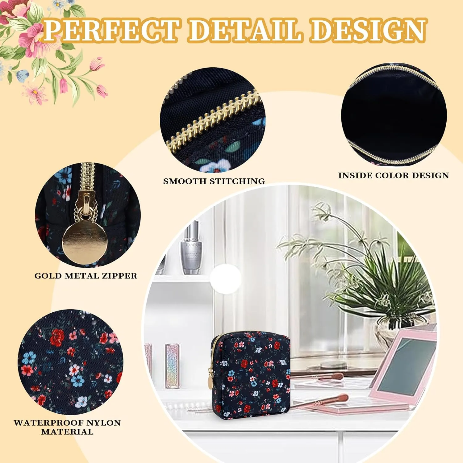 XSUIOY Floral Mini Makeup Bag Cosmetic Bags for Women and Girls, Coquette Aesthetic Makeup Organizer Bag Nylon Zipper Pouches, Travel Toiletry Bag Coin Pouch Sanitary Napkin Storage Bag(Black Floral)