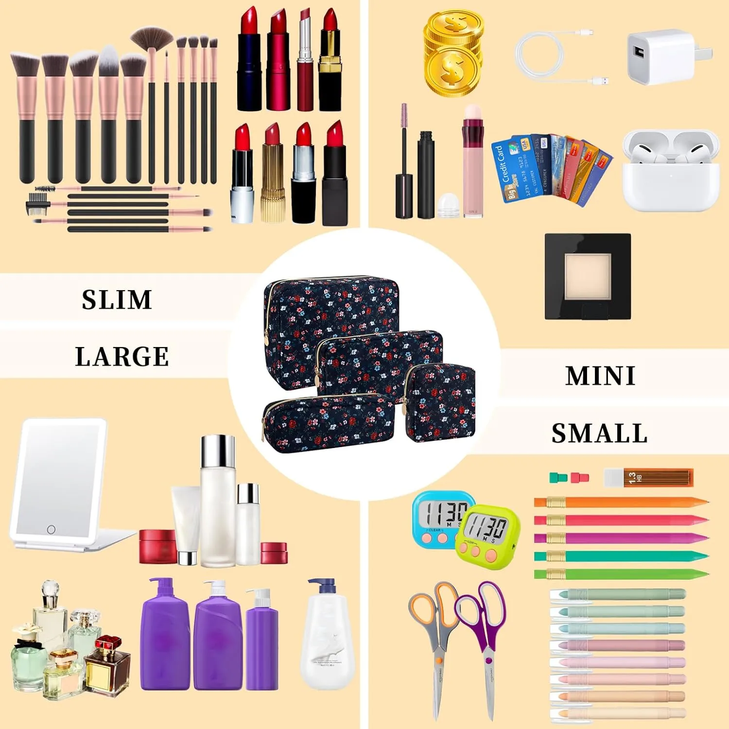 XSUIOY Floral Mini Makeup Bag Cosmetic Bags for Women and Girls, Coquette Aesthetic Makeup Organizer Bag Nylon Zipper Pouches, Travel Toiletry Bag Coin Pouch Sanitary Napkin Storage Bag(Black Floral)