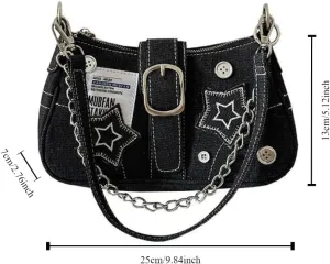 Y2k Women's Handbags Stars Sling Bags Vintage Korean Shoulder Bag Cool Girls Canvas Small Shoulder Bags Chain Tote Purses (black)