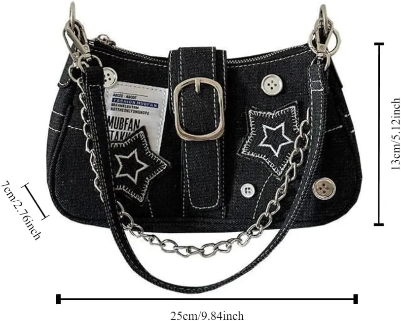 Y2k Women's Handbags Stars Sling Bags Vintage Korean Shoulder Bag Cool Girls Canvas Small Shoulder Bags Chain Tote Purses (black)