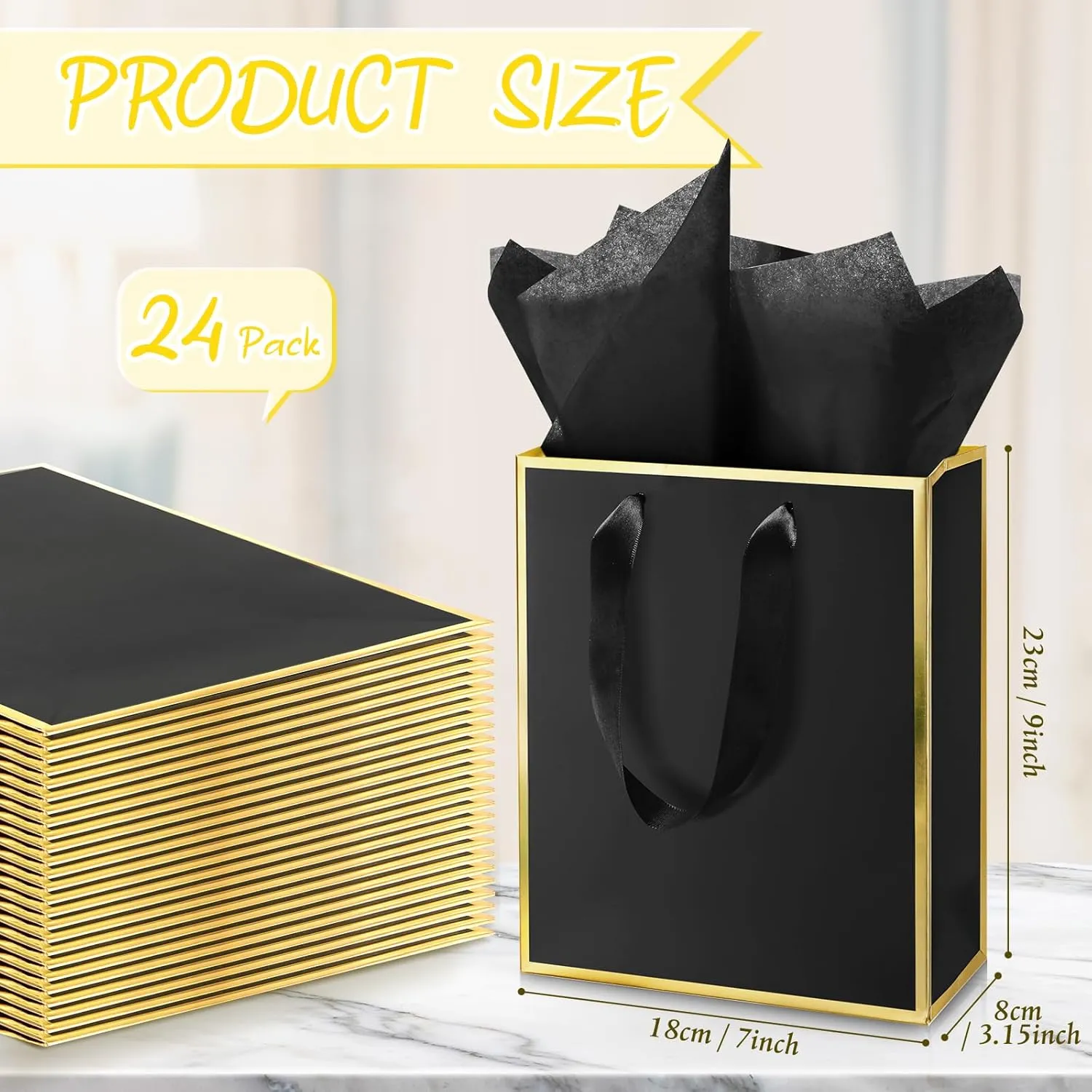 Yeaqee 24 Pack Metallic Paper Gift Bags with Handle and Tissue 9x7x3.1 Welcome Gift Thank You Bags for Wedding Bridal Shower Groomsmen Holidays Birthday Party(Black and Gold)