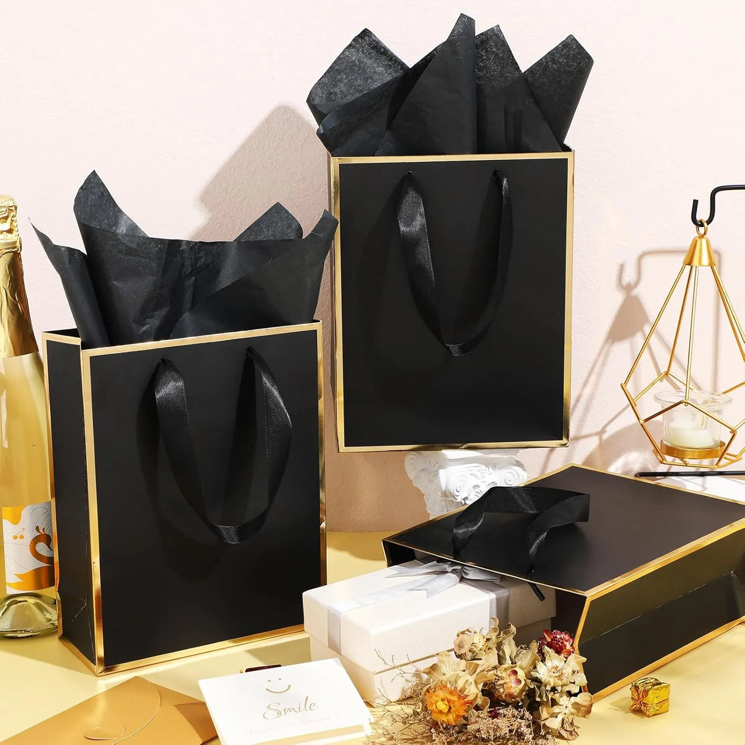 Yeaqee 24 Pack Metallic Paper Gift Bags with Handle and Tissue 9x7x3.1 Welcome Gift Thank You Bags for Wedding Bridal Shower Groomsmen Holidays Birthday Party(Black and Gold)