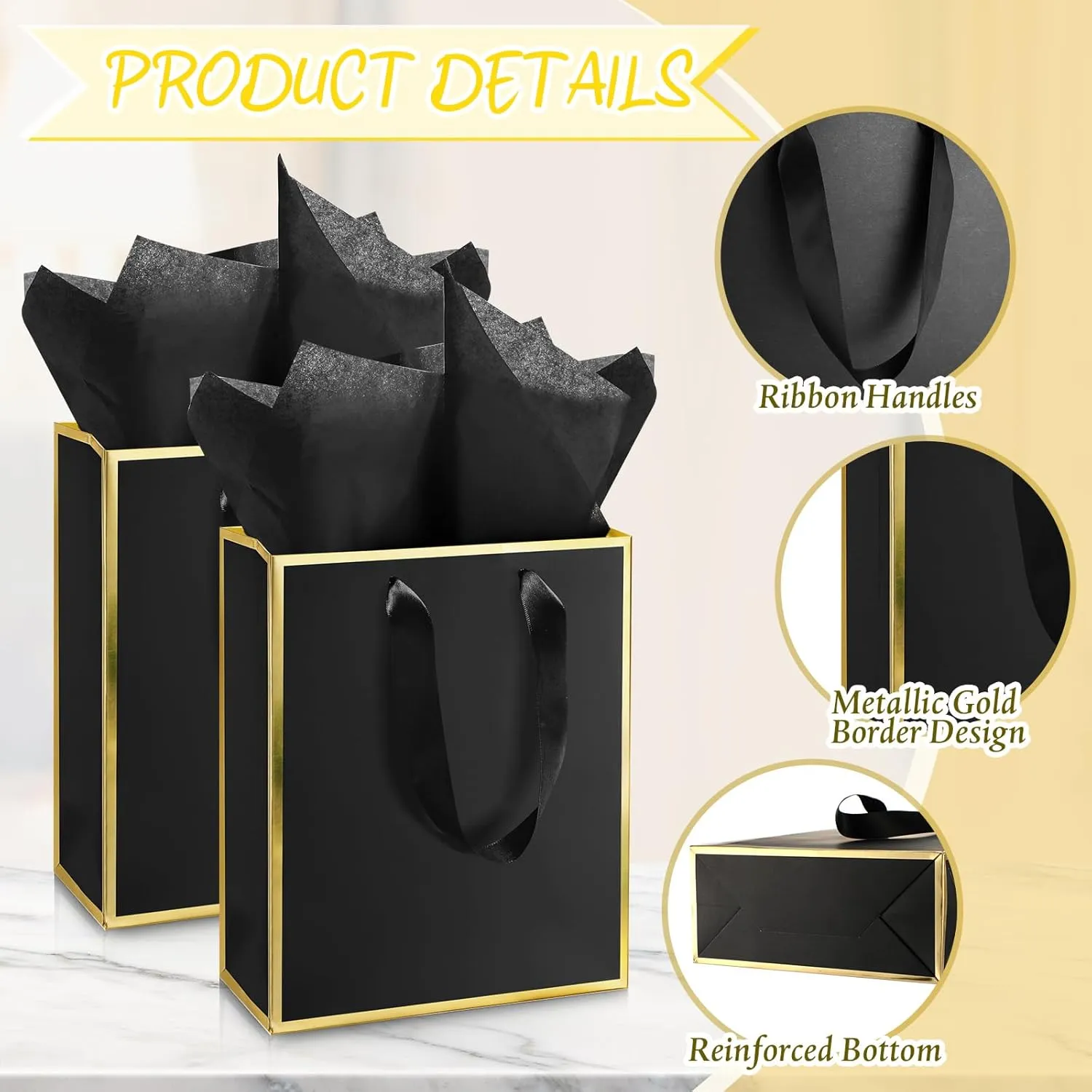 Yeaqee 24 Pack Metallic Paper Gift Bags with Handle and Tissue 9x7x3.1 Welcome Gift Thank You Bags for Wedding Bridal Shower Groomsmen Holidays Birthday Party(Black and Gold)
