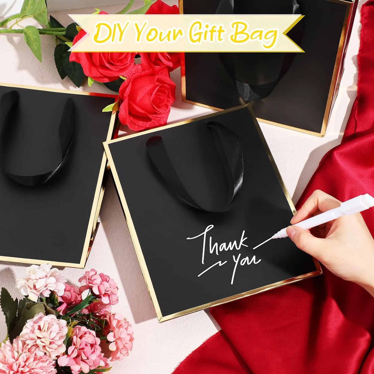 Yeaqee 24 Pack Metallic Paper Gift Bags with Handle and Tissue 9x7x3.1 Welcome Gift Thank You Bags for Wedding Bridal Shower Groomsmen Holidays Birthday Party(Black and Gold)