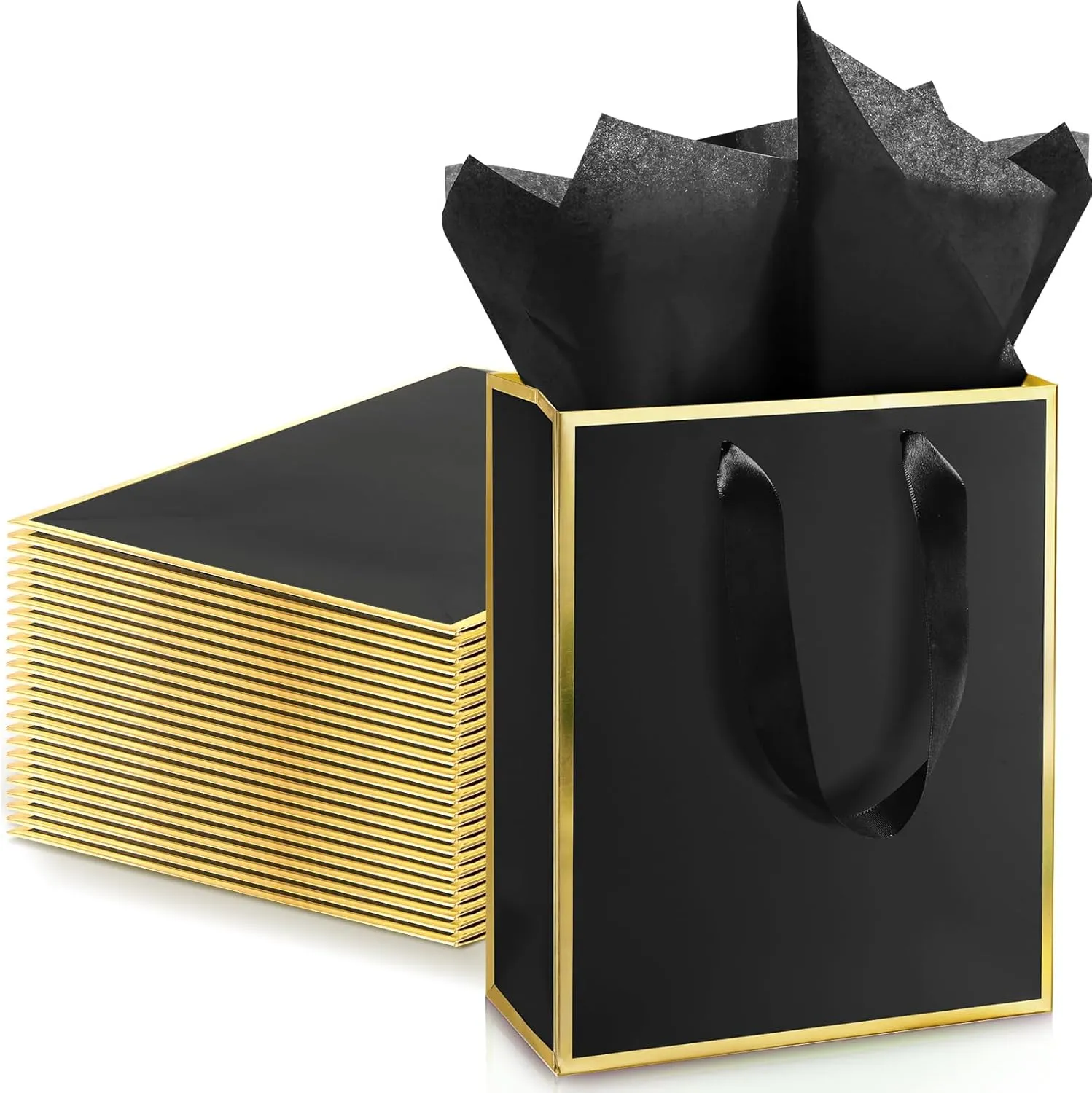 Yeaqee 24 Pack Metallic Paper Gift Bags with Handle and Tissue 9x7x3.1 Welcome Gift Thank You Bags for Wedding Bridal Shower Groomsmen Holidays Birthday Party(Black and Gold)