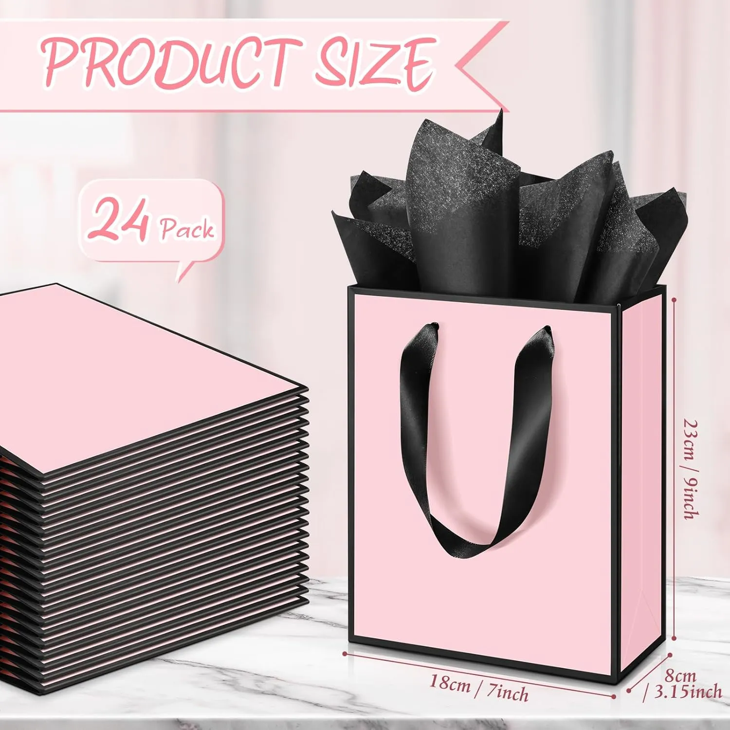 Yeaqee 24 Pack Metallic Paper Gift Bags with Handle and Tissue 9x7x3.1 Welcome Gift Thank You Bags for Wedding Bridal Shower Groomsmen Holidays Birthday Party(Light Pink and Black)