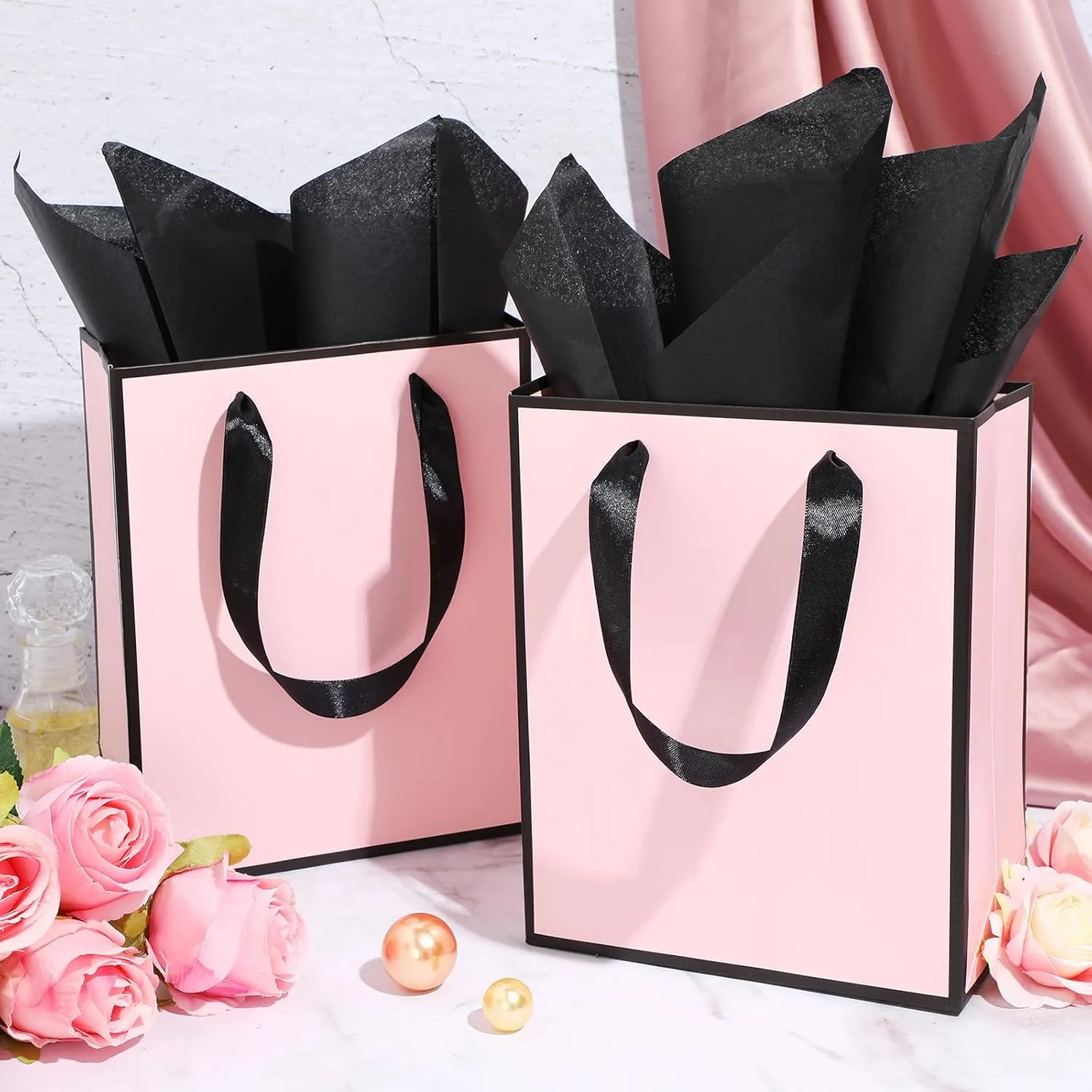Yeaqee 24 Pack Metallic Paper Gift Bags with Handle and Tissue 9x7x3.1 Welcome Gift Thank You Bags for Wedding Bridal Shower Groomsmen Holidays Birthday Party(Light Pink and Black)
