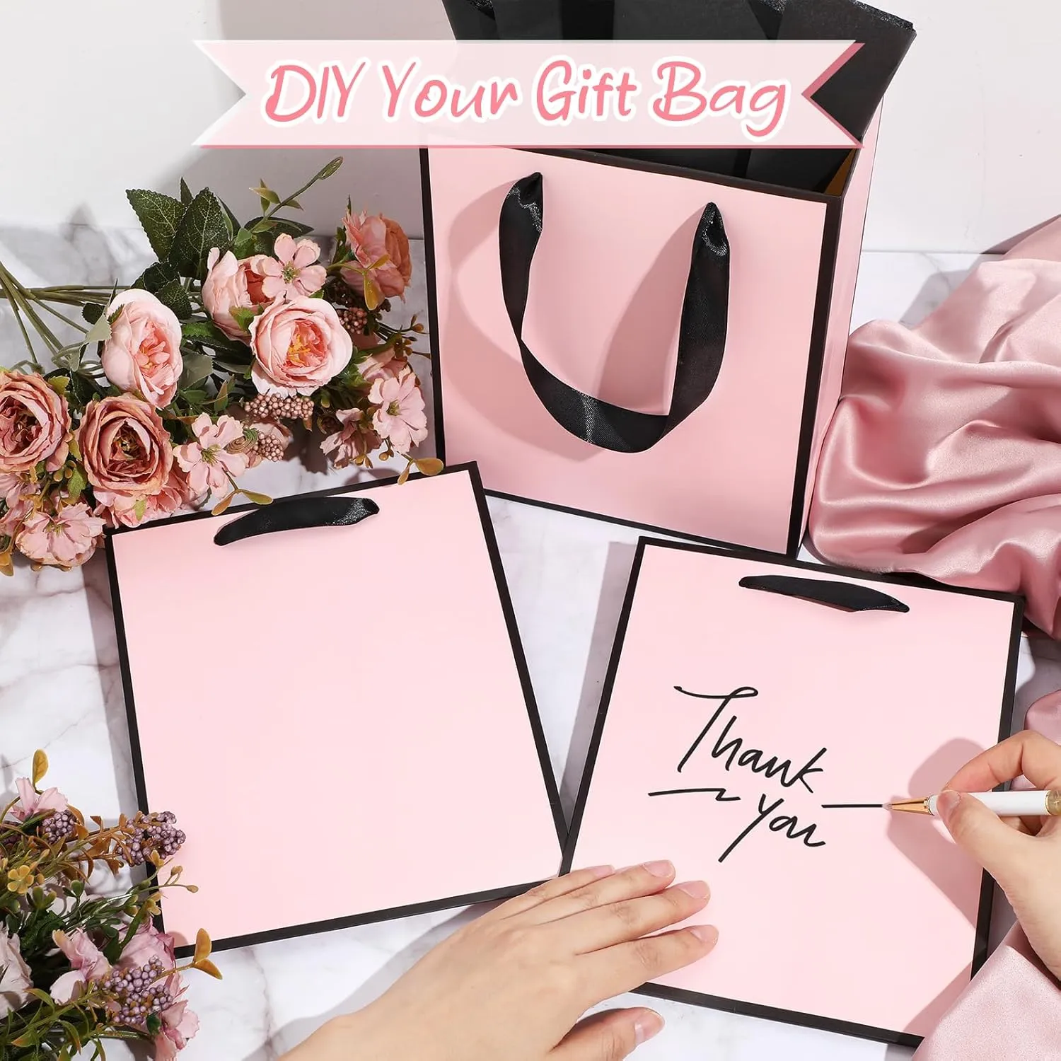 Yeaqee 24 Pack Metallic Paper Gift Bags with Handle and Tissue 9x7x3.1 Welcome Gift Thank You Bags for Wedding Bridal Shower Groomsmen Holidays Birthday Party(Light Pink and Black)