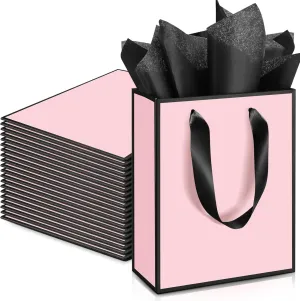 Yeaqee 24 Pack Metallic Paper Gift Bags with Handle and Tissue 9x7x3.1 Welcome Gift Thank You Bags for Wedding Bridal Shower Groomsmen Holidays Birthday Party(Light Pink and Black)