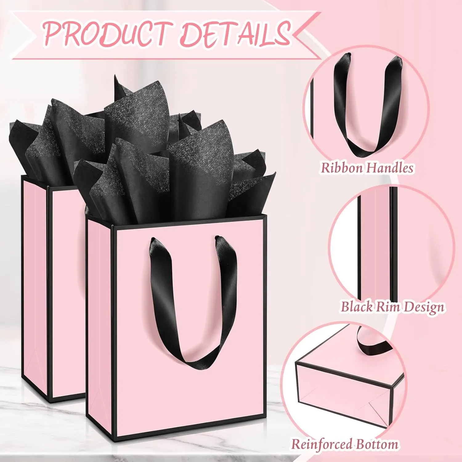 Yeaqee 24 Pack Metallic Paper Gift Bags with Handle and Tissue 9x7x3.1 Welcome Gift Thank You Bags for Wedding Bridal Shower Groomsmen Holidays Birthday Party(Light Pink and Black)