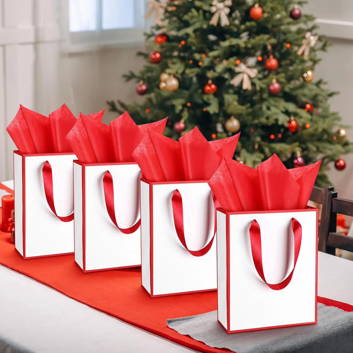 Yeaqee 24 Pack Metallic Paper Gift Bags with Handle and Tissue 9x7x3.1 Welcome Gift Thank You Bags for Wedding Bridal Shower Groomsmen Holidays Birthday Party(White, Dark Red)