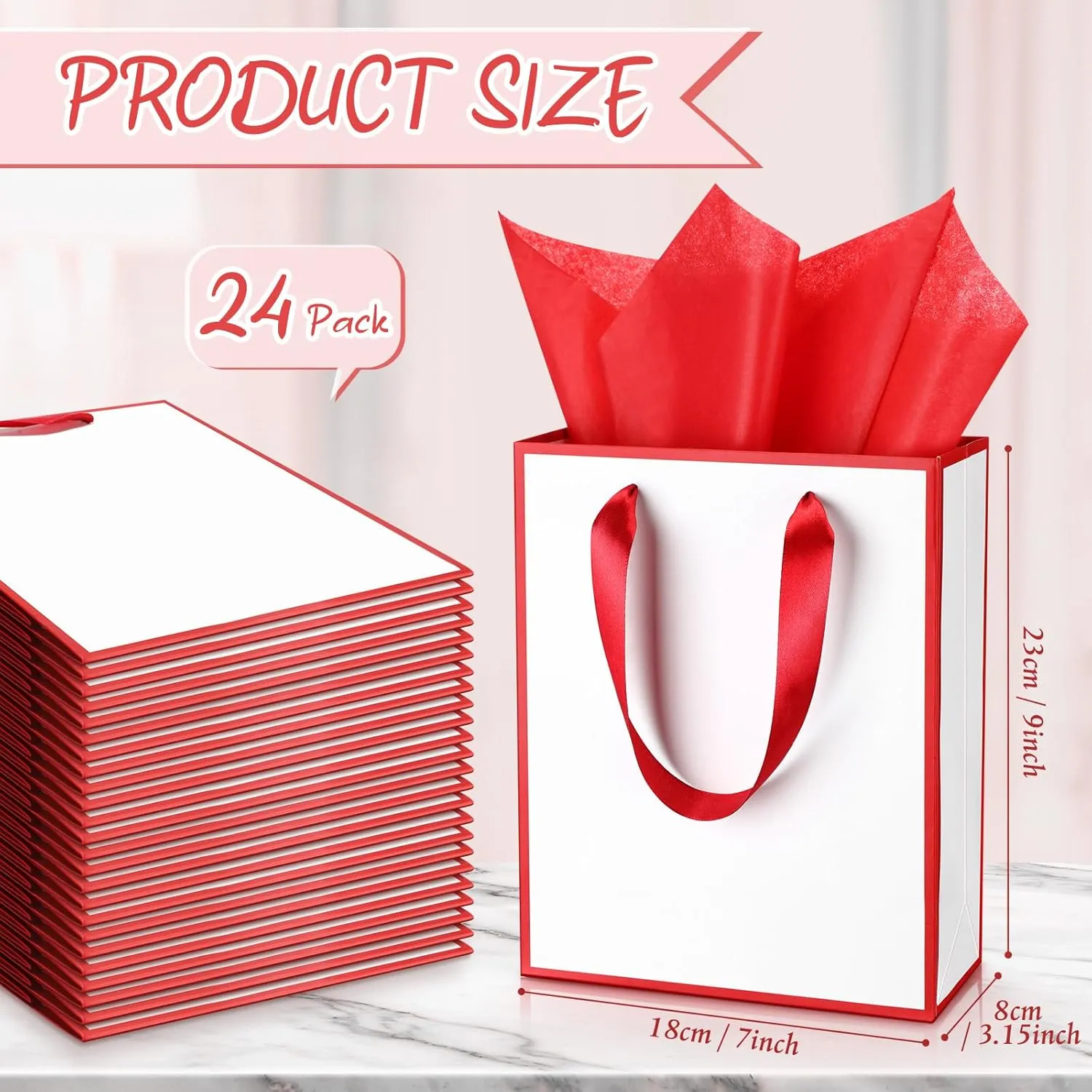 Yeaqee 24 Pack Metallic Paper Gift Bags with Handle and Tissue 9x7x3.1 Welcome Gift Thank You Bags for Wedding Bridal Shower Groomsmen Holidays Birthday Party(White, Dark Red)