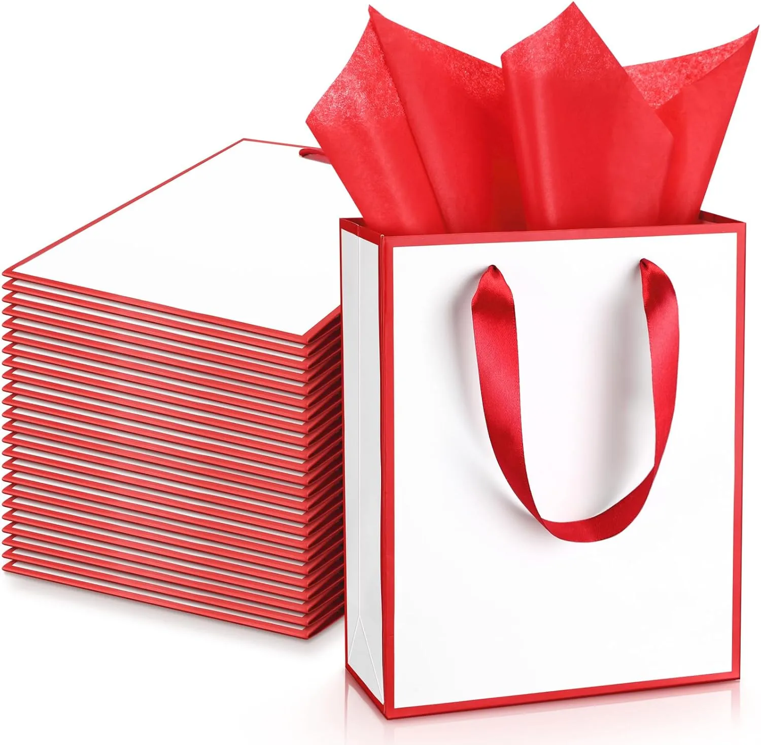 Yeaqee 24 Pack Metallic Paper Gift Bags with Handle and Tissue 9x7x3.1 Welcome Gift Thank You Bags for Wedding Bridal Shower Groomsmen Holidays Birthday Party(White, Dark Red)