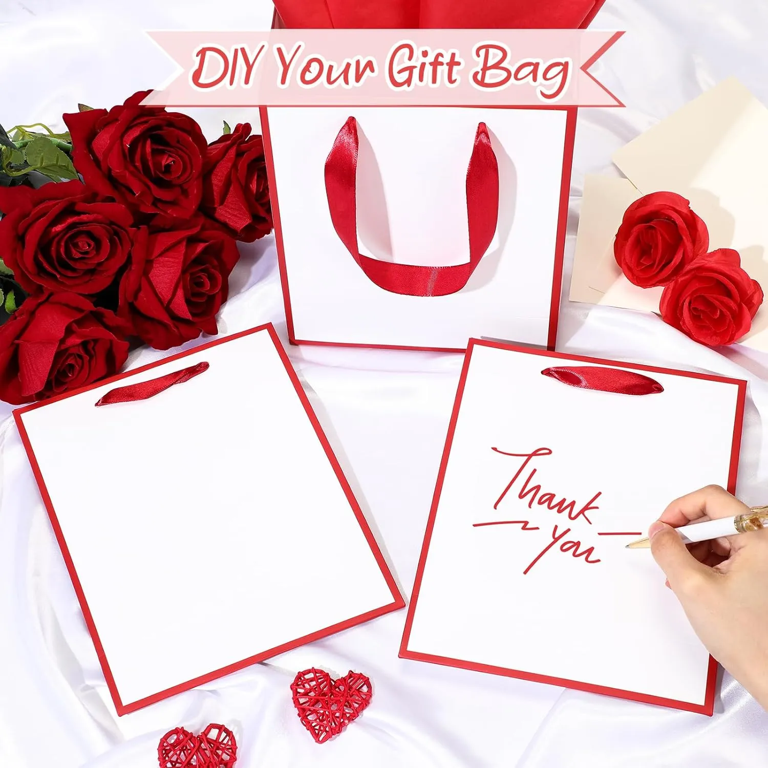 Yeaqee 24 Pack Metallic Paper Gift Bags with Handle and Tissue 9x7x3.1 Welcome Gift Thank You Bags for Wedding Bridal Shower Groomsmen Holidays Birthday Party(White, Dark Red)