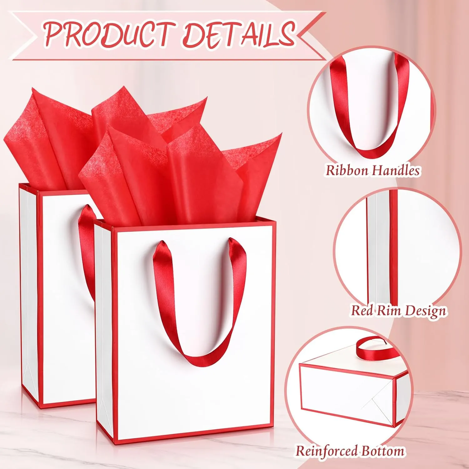 Yeaqee 24 Pack Metallic Paper Gift Bags with Handle and Tissue 9x7x3.1 Welcome Gift Thank You Bags for Wedding Bridal Shower Groomsmen Holidays Birthday Party(White, Dark Red)