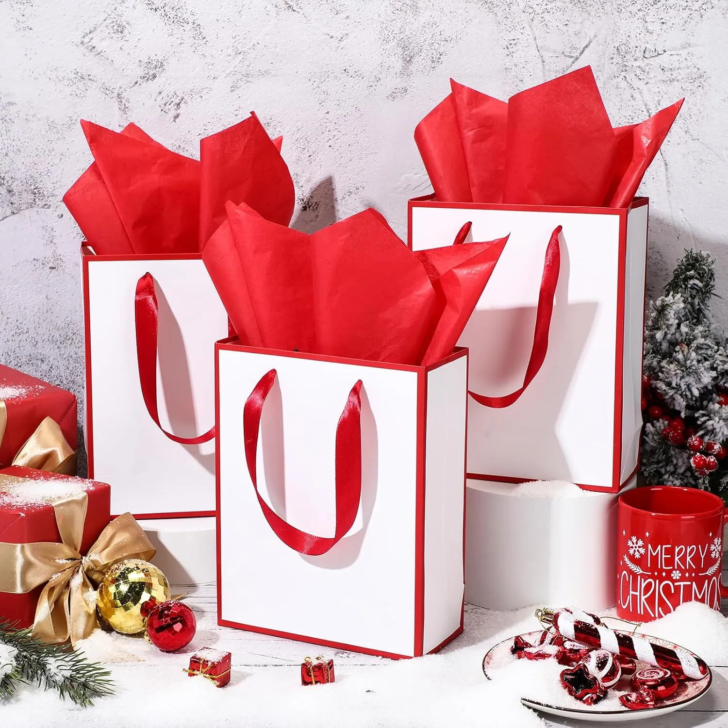 Yeaqee 24 Pack Metallic Paper Gift Bags with Handle and Tissue 9x7x3.1 Welcome Gift Thank You Bags for Wedding Bridal Shower Groomsmen Holidays Birthday Party(White, Dark Red)