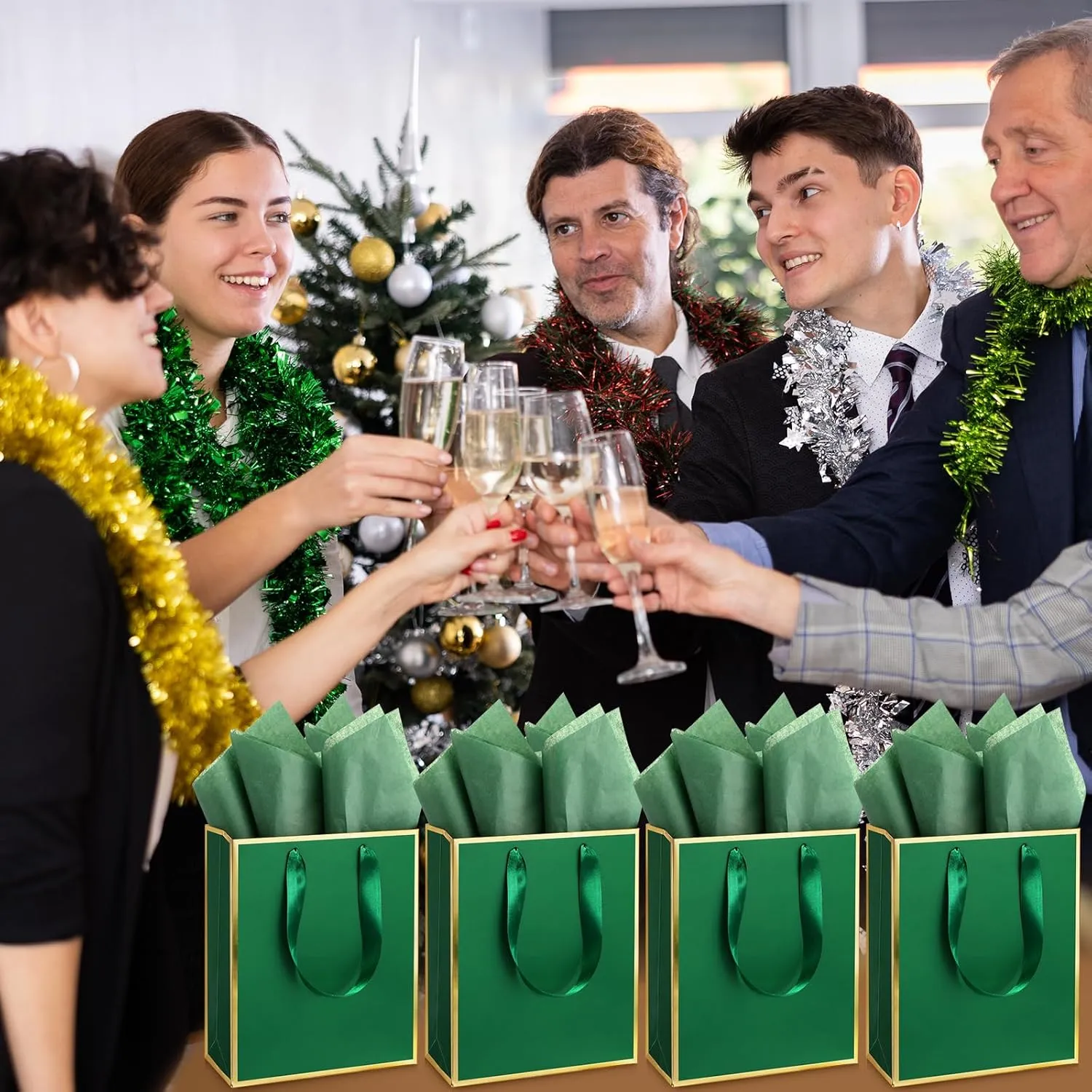 Yeaqee 50 Pack Metallic Gift Bags with Handle and Tissue Paper for Wedding Graduation Holiday Bridesmaid Thank You 5 Senses Gift Bag for Her Him Birthday 9 x 7 x 3.15''(Green and Gold)