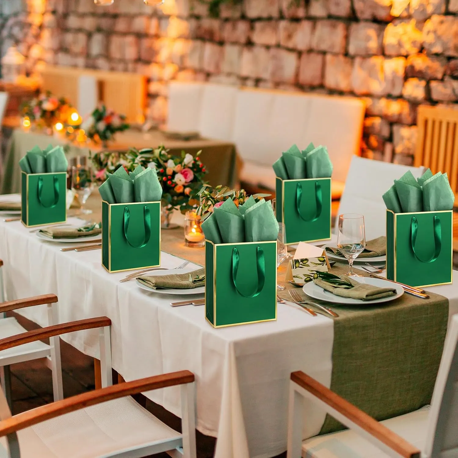 Yeaqee 50 Pack Metallic Gift Bags with Handle and Tissue Paper for Wedding Graduation Holiday Bridesmaid Thank You 5 Senses Gift Bag for Her Him Birthday 9 x 7 x 3.15''(Green and Gold)