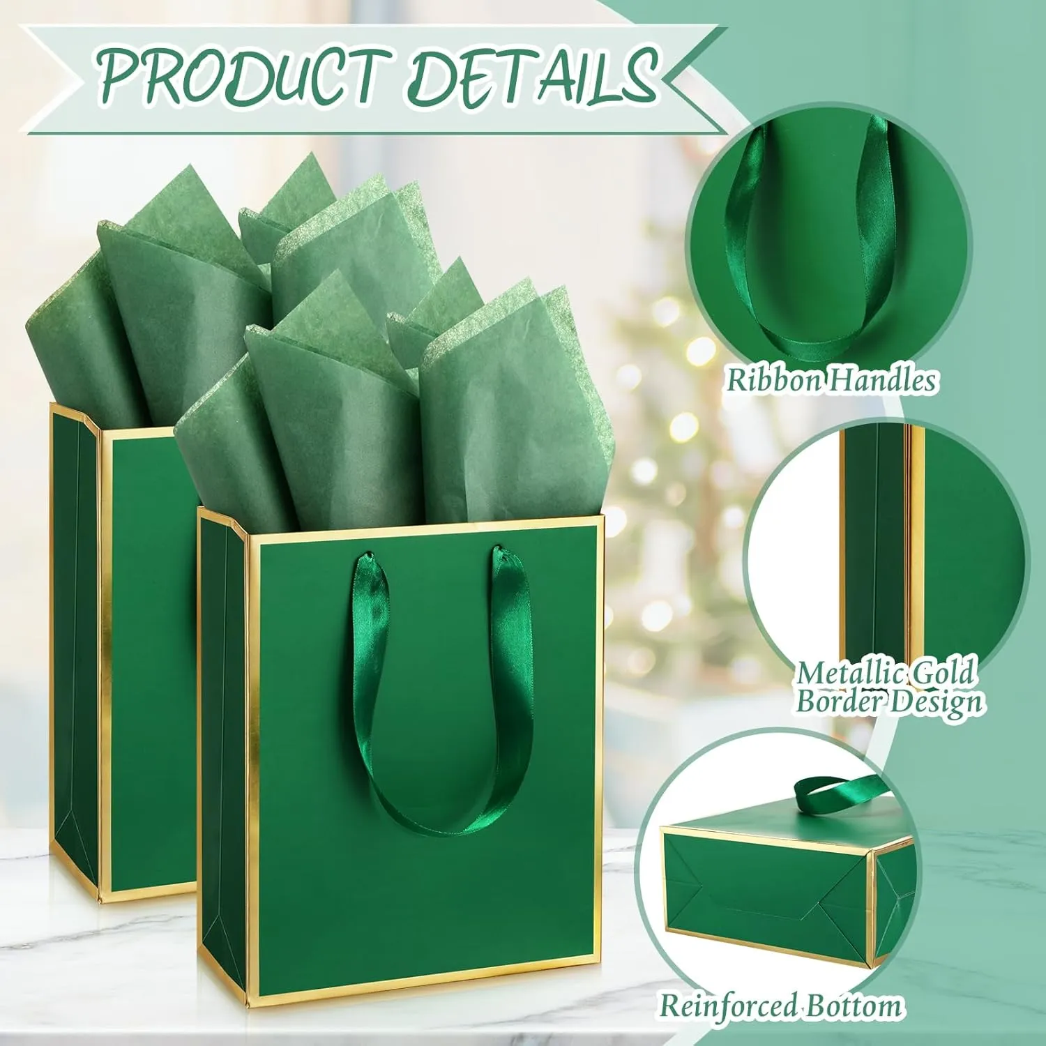 Yeaqee 50 Pack Metallic Gift Bags with Handle and Tissue Paper for Wedding Graduation Holiday Bridesmaid Thank You 5 Senses Gift Bag for Her Him Birthday 9 x 7 x 3.15''(Green and Gold)