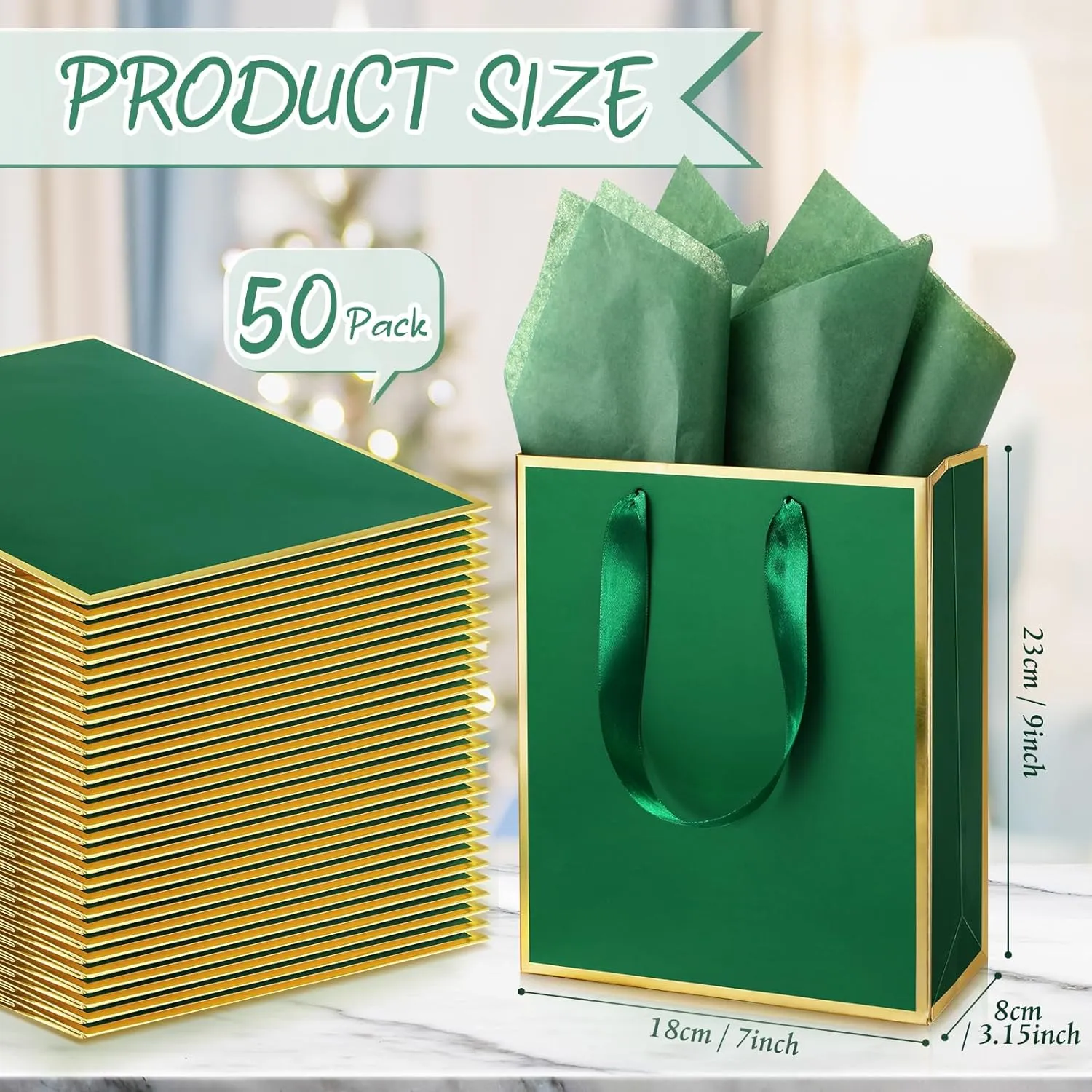 Yeaqee 50 Pack Metallic Gift Bags with Handle and Tissue Paper for Wedding Graduation Holiday Bridesmaid Thank You 5 Senses Gift Bag for Her Him Birthday 9 x 7 x 3.15''(Green and Gold)