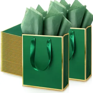 Yeaqee 50 Pack Metallic Gift Bags with Handle and Tissue Paper for Wedding Graduation Holiday Bridesmaid Thank You 5 Senses Gift Bag for Her Him Birthday 9 x 7 x 3.15''(Green and Gold)
