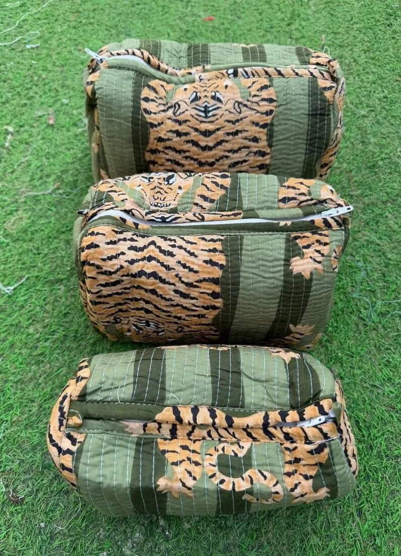 YILLE Set of 3 Pieces Block Printed Travel Organizer Kit Storage Bag for Women Makeup Bag Travel Cosmetic Bag (Dark Green Fat Tiger)