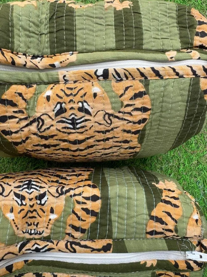 YILLE Set of 3 Pieces Block Printed Travel Organizer Kit Storage Bag for Women Makeup Bag Travel Cosmetic Bag (Dark Green Fat Tiger)