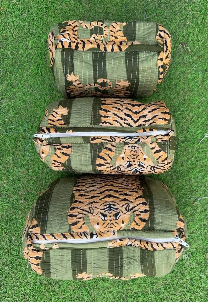 YILLE Set of 3 Pieces Block Printed Travel Organizer Kit Storage Bag for Women Makeup Bag Travel Cosmetic Bag (Dark Green Fat Tiger)