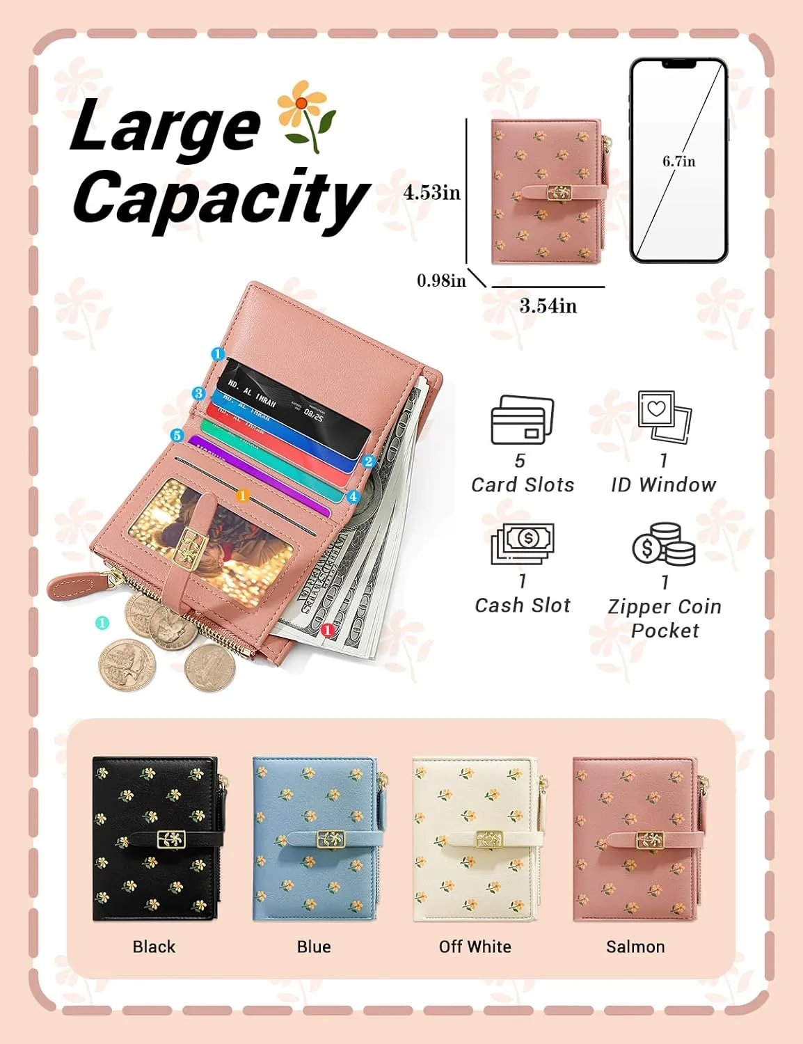 YINHEXI Women’s Wallet, Compact and Small RFID Blocking Bifold PU Leather Card Holder, Mini Purse with Coin Pocket for Ladies, Girls (Salmon)