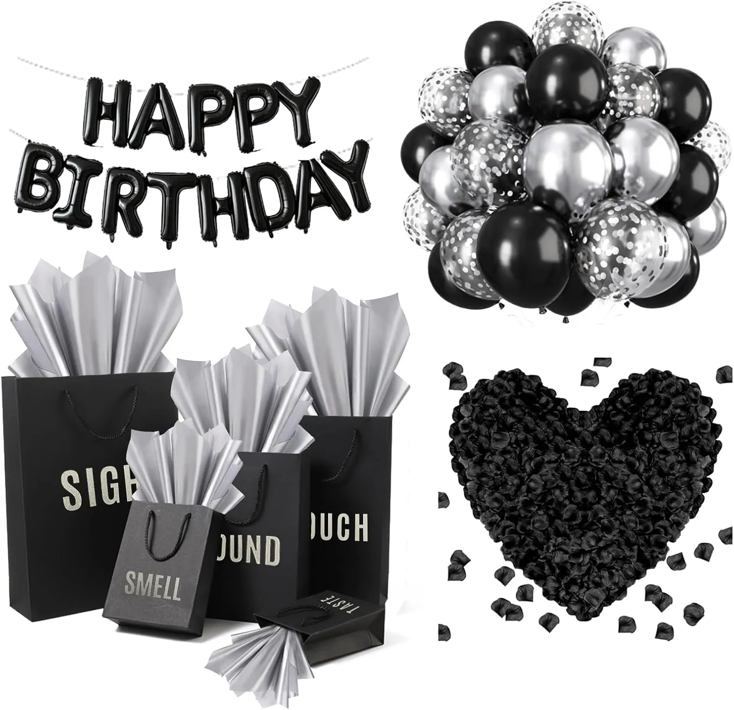 YIXAXKAO 5 Senses Gift Bags Five Senses Birthday Decorations with Tissue Paper Black Handle Paper Bags Happy Birthday Banner Balloon Party Decor for Him Husband Boyfriend (Black Silver)