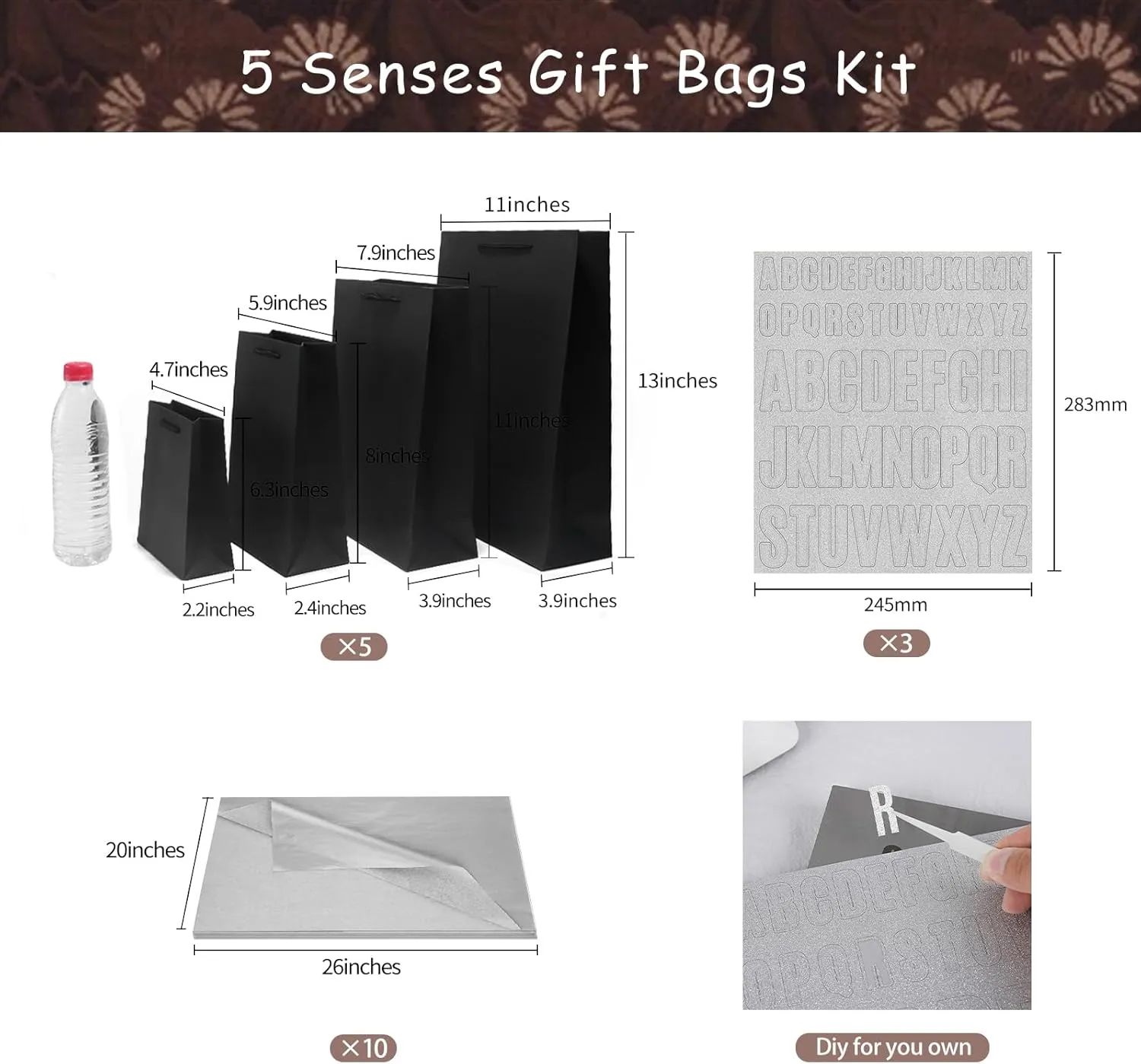 YIXAXKAO 5 Senses Gift Bags Five Senses Birthday Decorations with Tissue Paper Black Handle Paper Bags Happy Birthday Banner Balloon Party Decor for Him Husband Boyfriend (Black Silver)