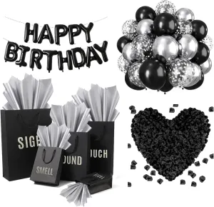 YIXAXKAO 5 Senses Gift Bags Five Senses Birthday Decorations with Tissue Paper Black Handle Paper Bags Happy Birthday Banner Balloon Party Decor for Him Husband Boyfriend (Black Silver)