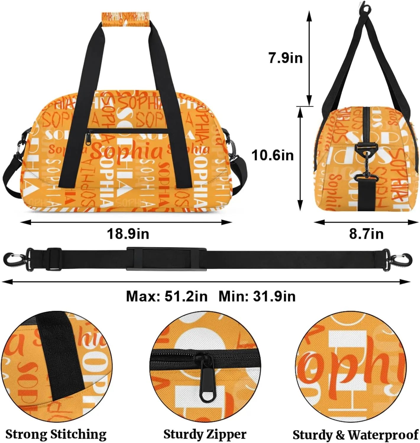 Yzrwebo Custom Name Gym Sport Bag, Personalized Duffel Travel Bag Customized Gymnastics Ballet Dance Bags Small Weekender Overnight Tote Bag for Gifts, Orange