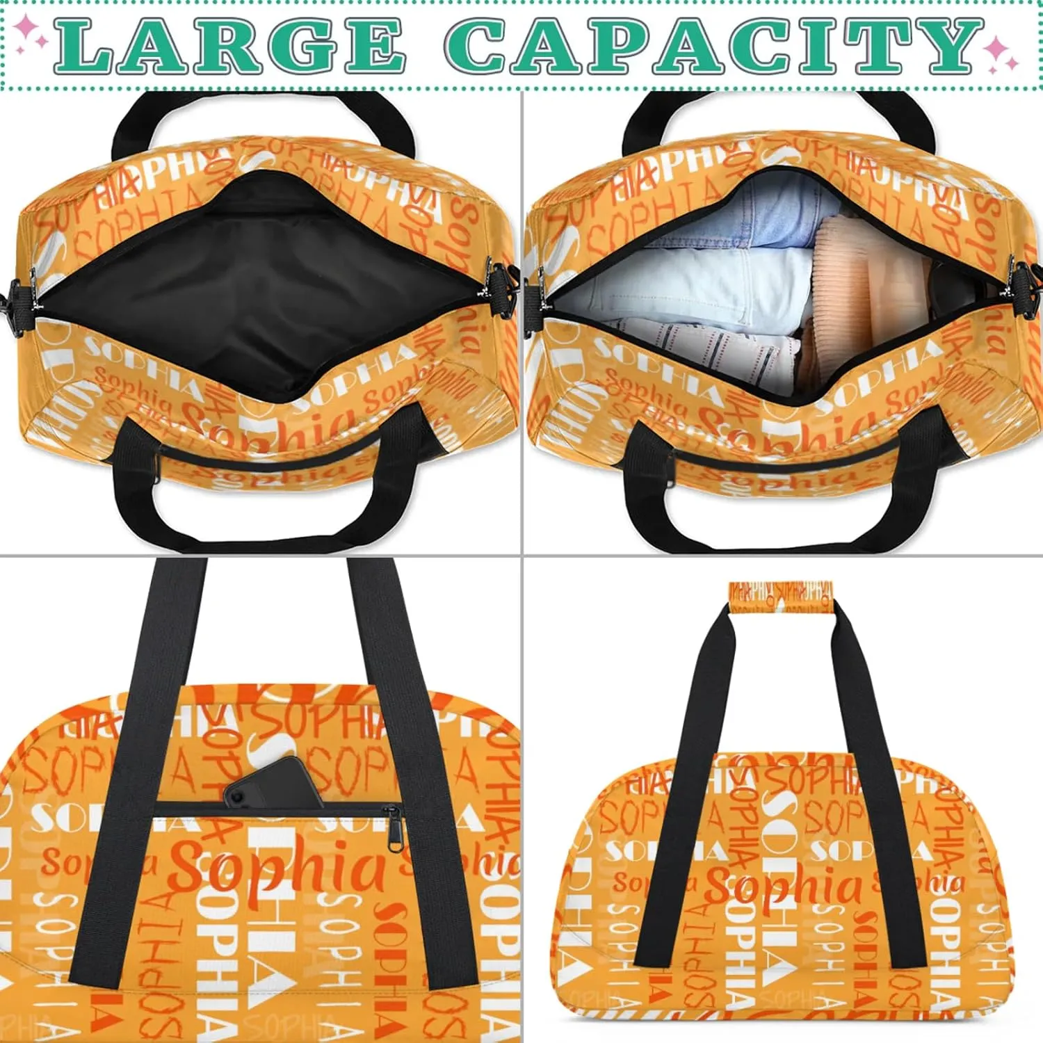Yzrwebo Custom Name Gym Sport Bag, Personalized Duffel Travel Bag Customized Gymnastics Ballet Dance Bags Small Weekender Overnight Tote Bag for Gifts, Orange