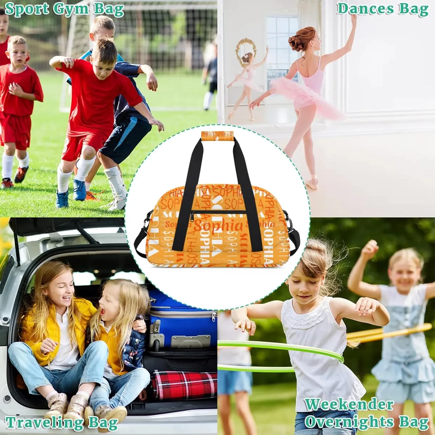 Yzrwebo Custom Name Gym Sport Bag, Personalized Duffel Travel Bag Customized Gymnastics Ballet Dance Bags Small Weekender Overnight Tote Bag for Gifts, Orange