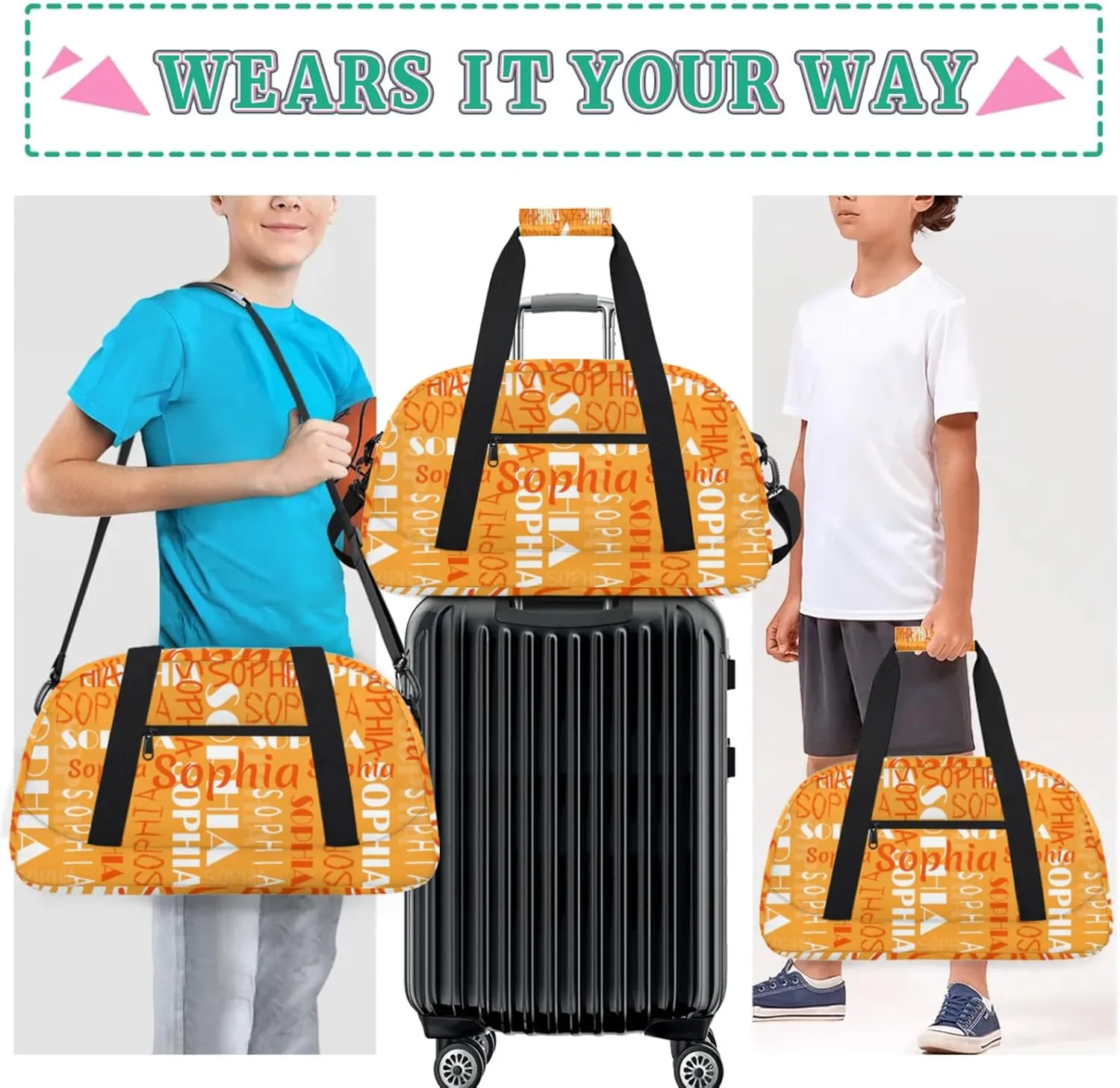Yzrwebo Custom Name Gym Sport Bag, Personalized Duffel Travel Bag Customized Gymnastics Ballet Dance Bags Small Weekender Overnight Tote Bag for Gifts, Orange