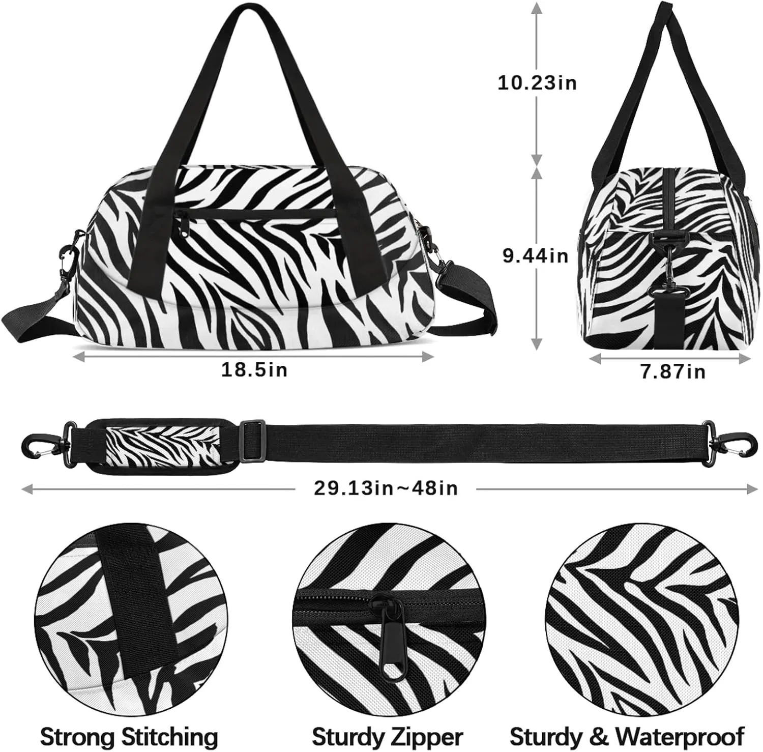 Zebra Stripes Black Kids Duffel Bag Lightweight Waterproof Sports Gym Bag with Front Zipper Pocket Foldable Weekender Overnight Bag for School Practice Gymnastic Ballet