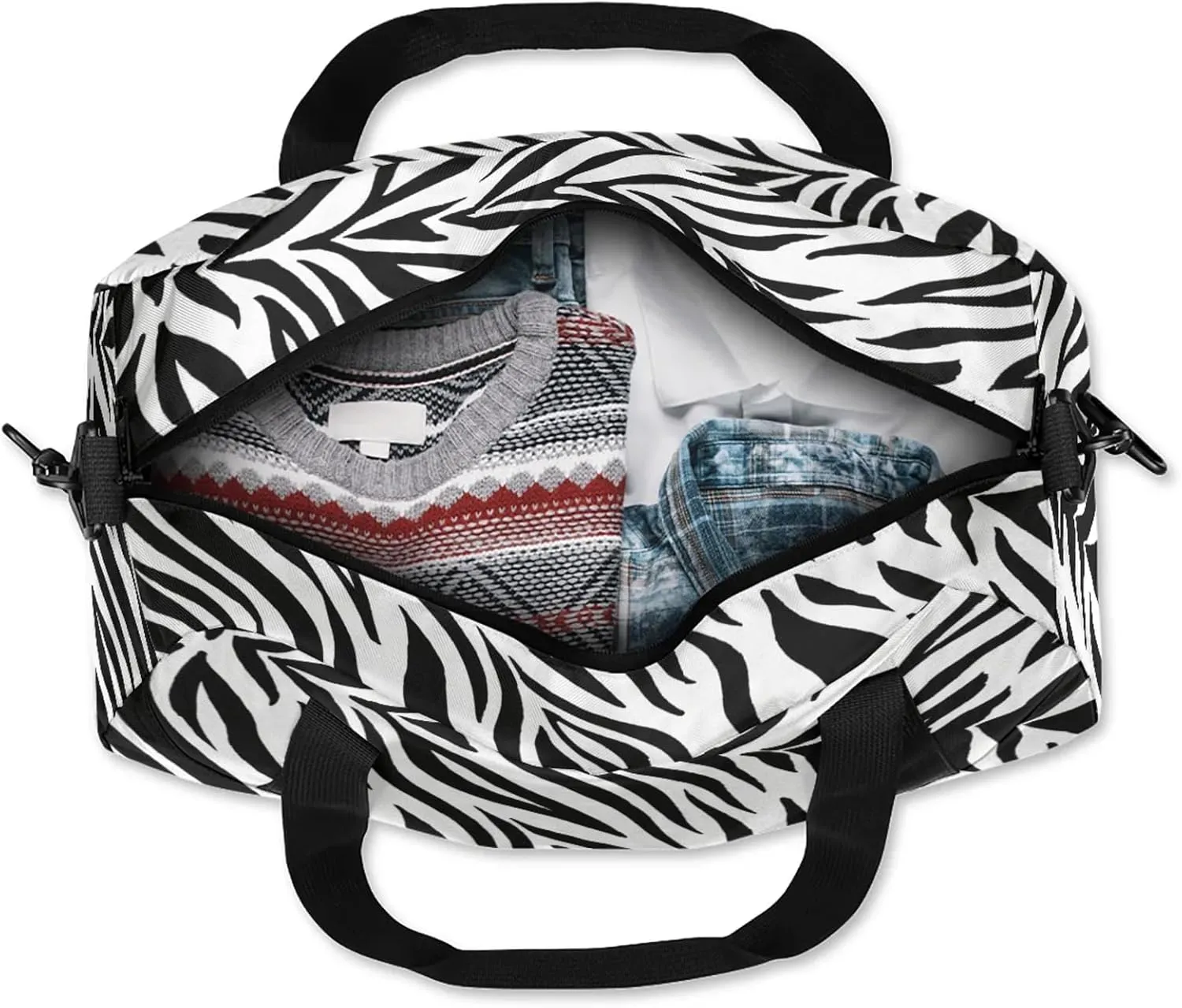 Zebra Stripes Black Kids Duffel Bag Lightweight Waterproof Sports Gym Bag with Front Zipper Pocket Foldable Weekender Overnight Bag for School Practice Gymnastic Ballet