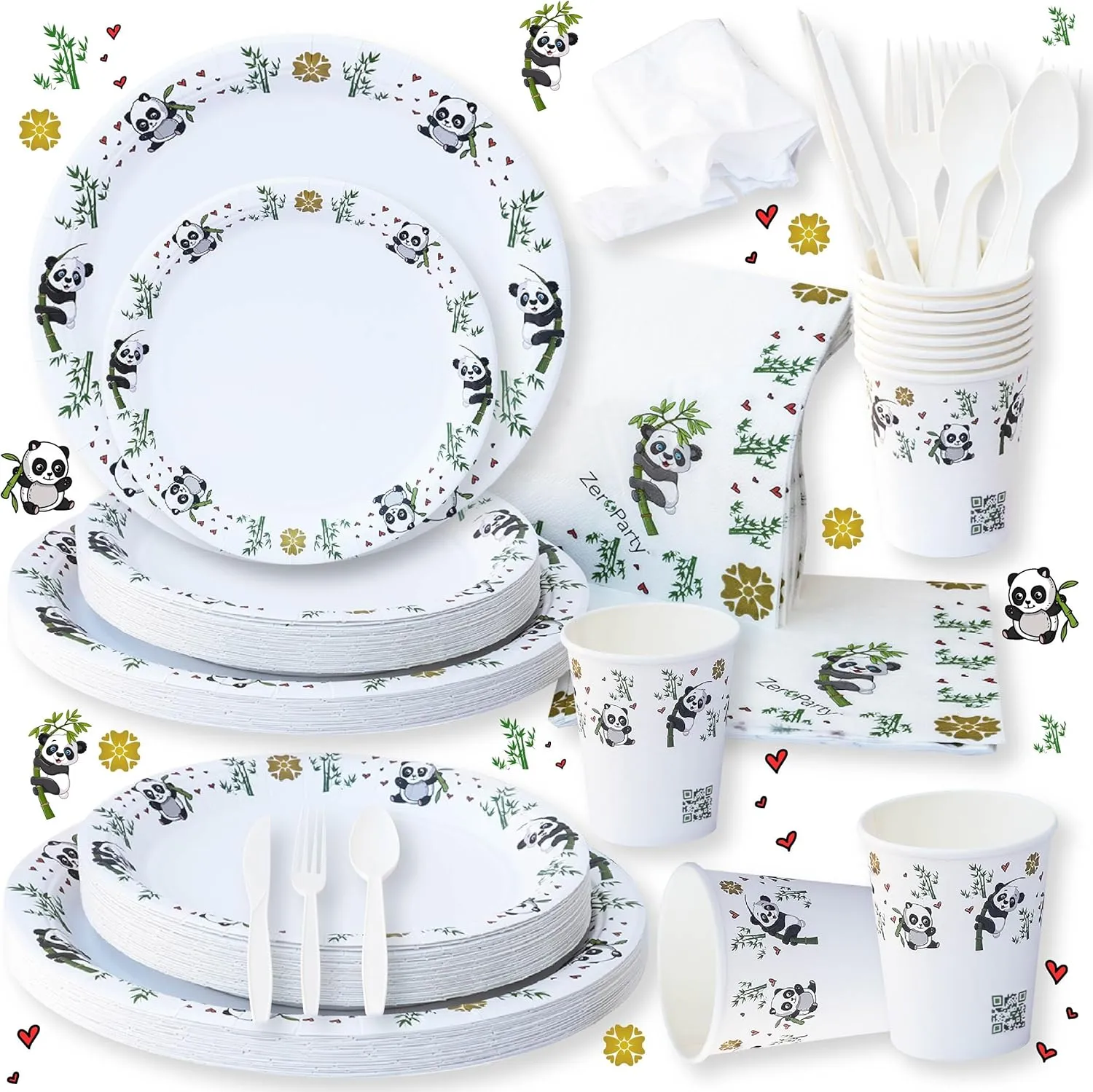 ZER PARTY Chinese New Year Decorations,Panda Plates Napkins Cups Cutlery   Food TrashBags   Kids Activities,Spring Festival 2024 Supplies,Educational Elegant Tableware 212pcs,Serves 30 TWP-HDPA-ST30