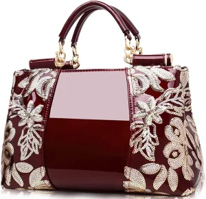 ZiMing Patent Leather Handbag for Women Tote Bags Sequin Embroidery Satchel Bag Top Handle Bag Gorgeous Shoulder Bag Purse