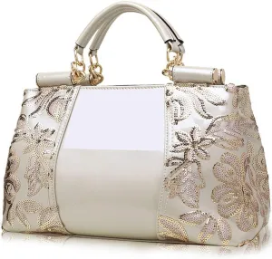 ZiMing Patent Leather Handbag for Women Tote Bags Sequin Embroidery Satchel Bag Top Handle Bag Gorgeous Shoulder Bag Purse