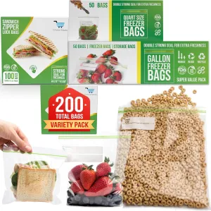 Zipper Bags Variety Pack - 200 Total, Gallon, Quart, Sandwich Snack Sizes, Green, Plastic with Zipper Closure, Heat Sealed Edges, Disposable, Freezer Safe, Microwave Safe