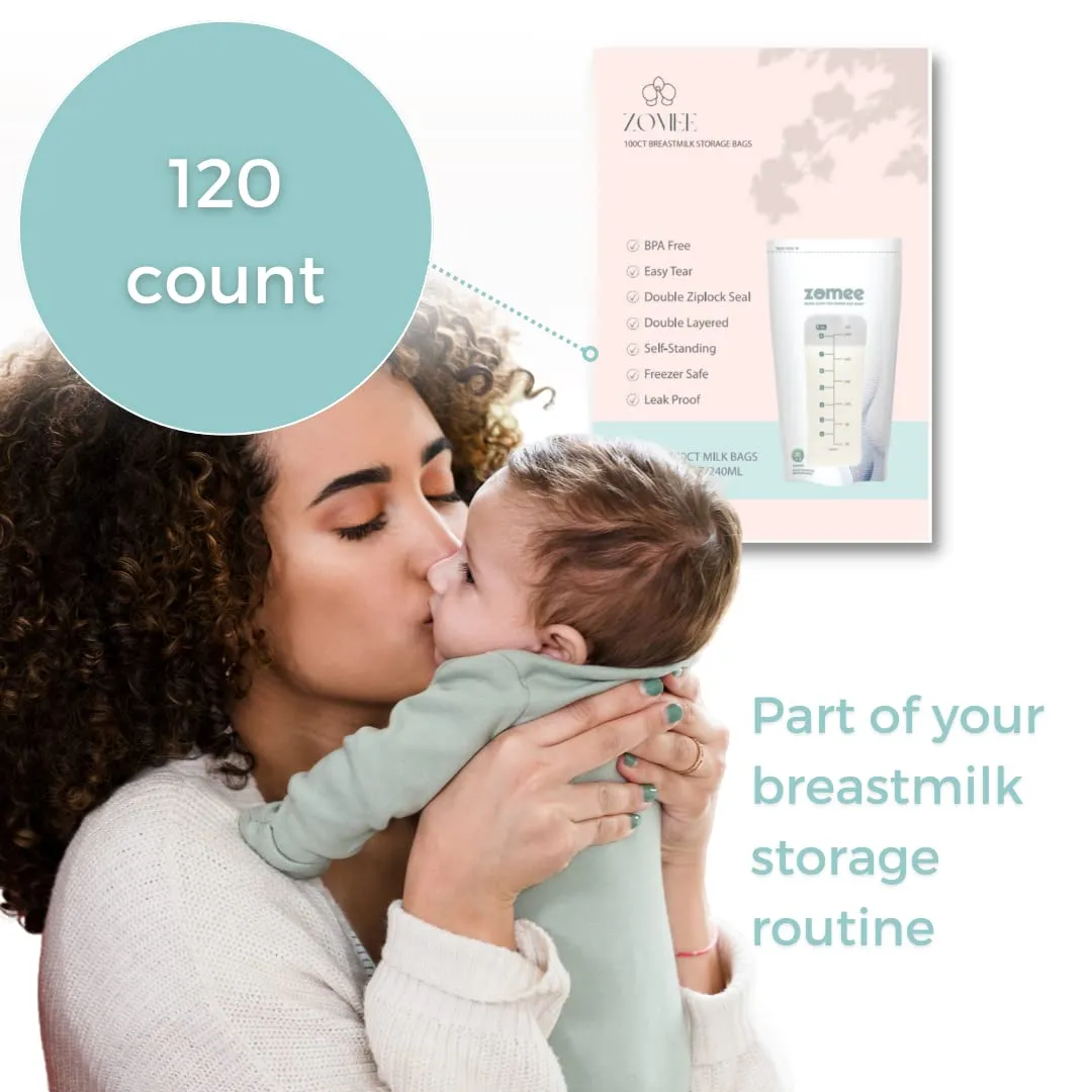 Zomee Disposable 8 oz Breast Milk Storage Bags w/Double Zipper Seal – Count – Leak-Proof – Self-Standing Breast Milk Storage Solution for Fridge or Freezer - Mutiple count Packs (Pack of 120)
